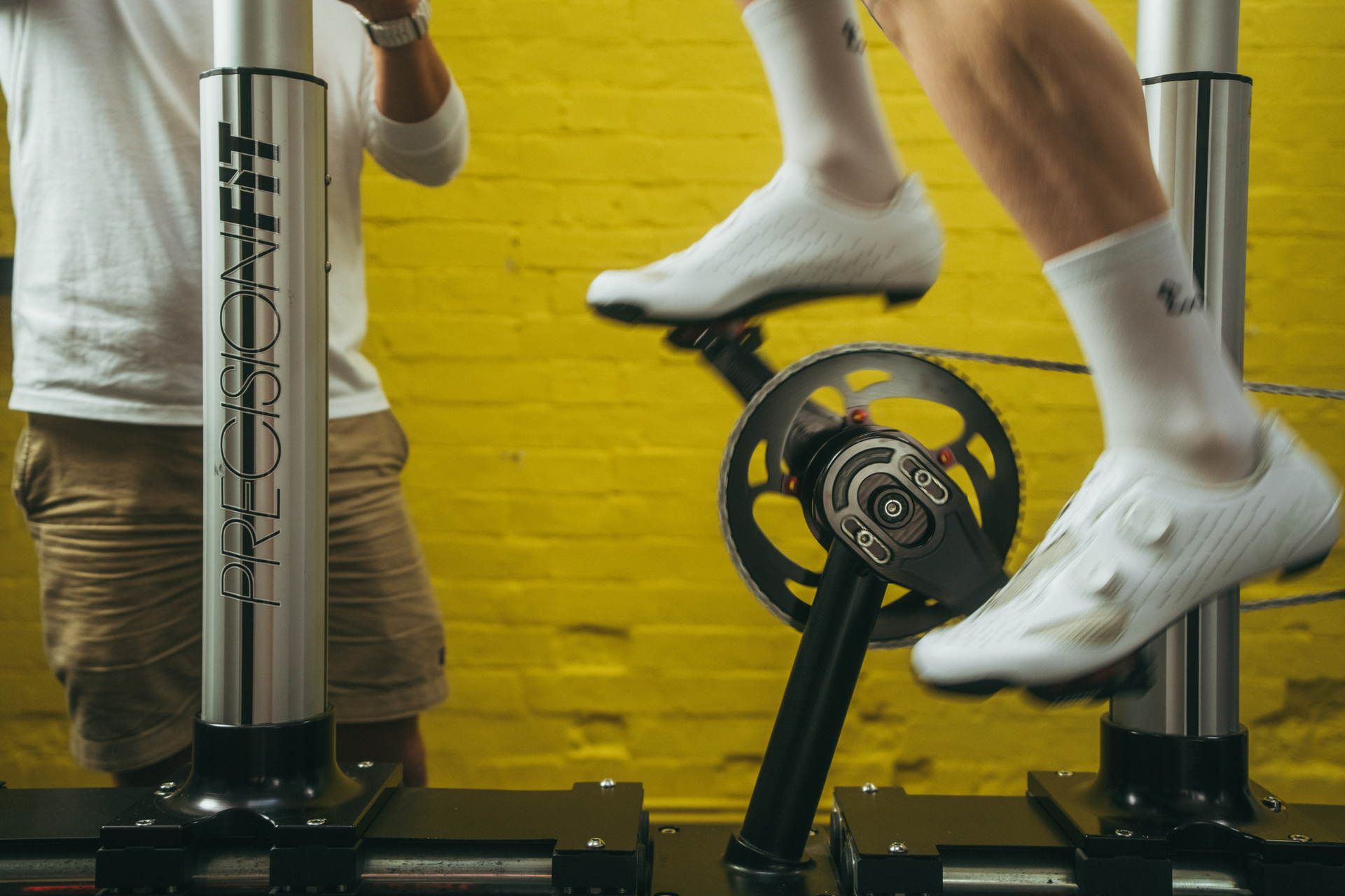Cranks on a cycling jig (with a rider).